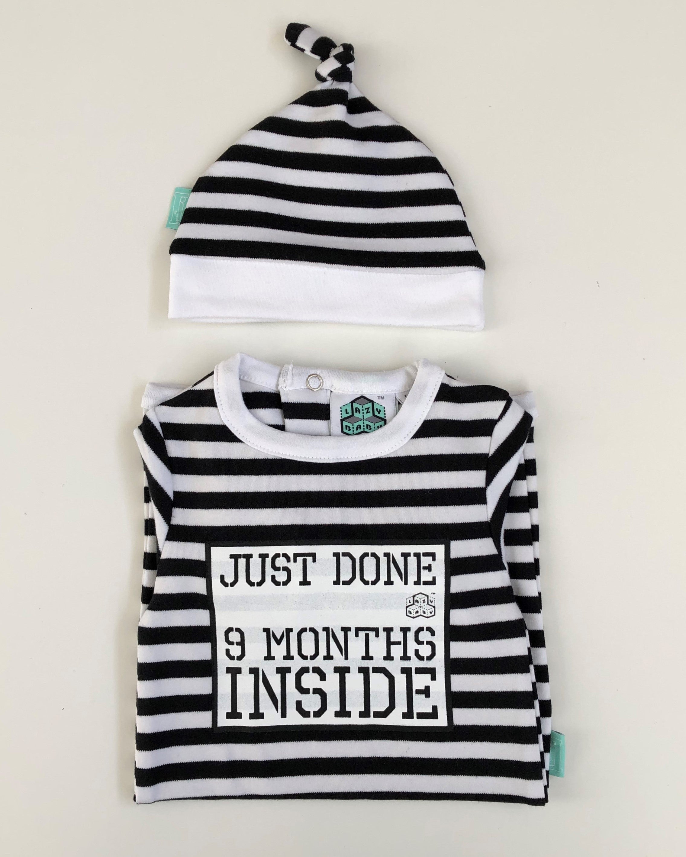 Black and white store striped baby grow