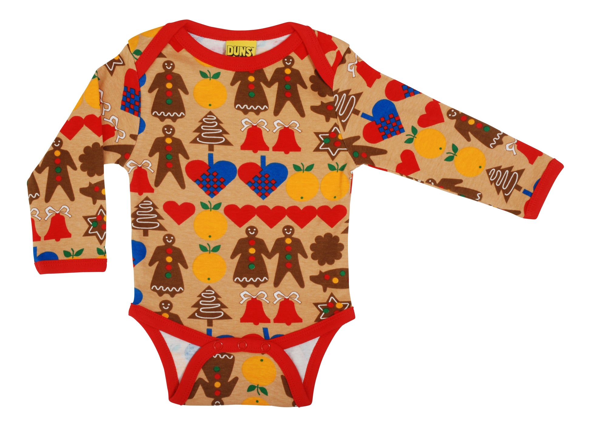 organic cotton bodysuit in a traditional swedish gingerbread print